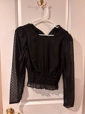 Express Black Swiss Dot Sheer Long-Sleeve Smocked Waist Blouse